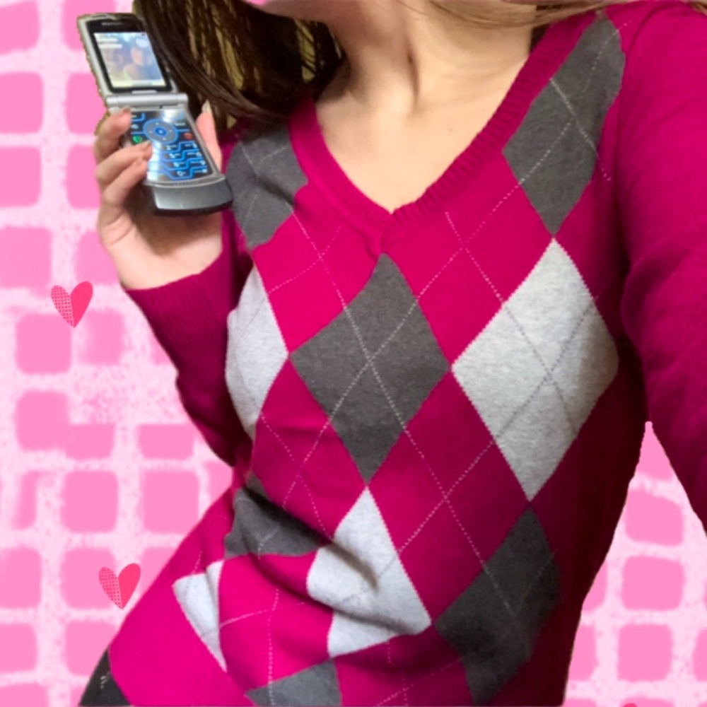 Dolls Kill V-Neck Pink and Gray Argyle Sweater